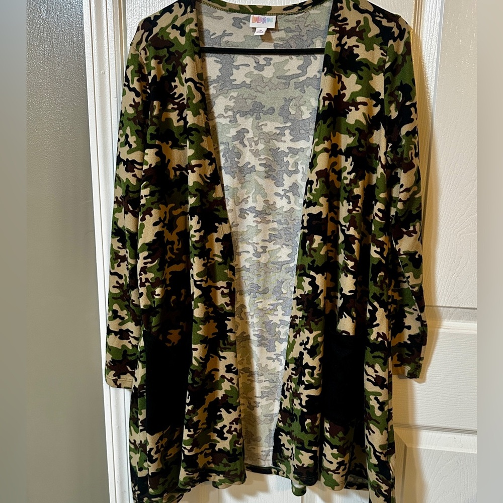 LuLaRoe Green, tan and black. Camouflage Cardigan